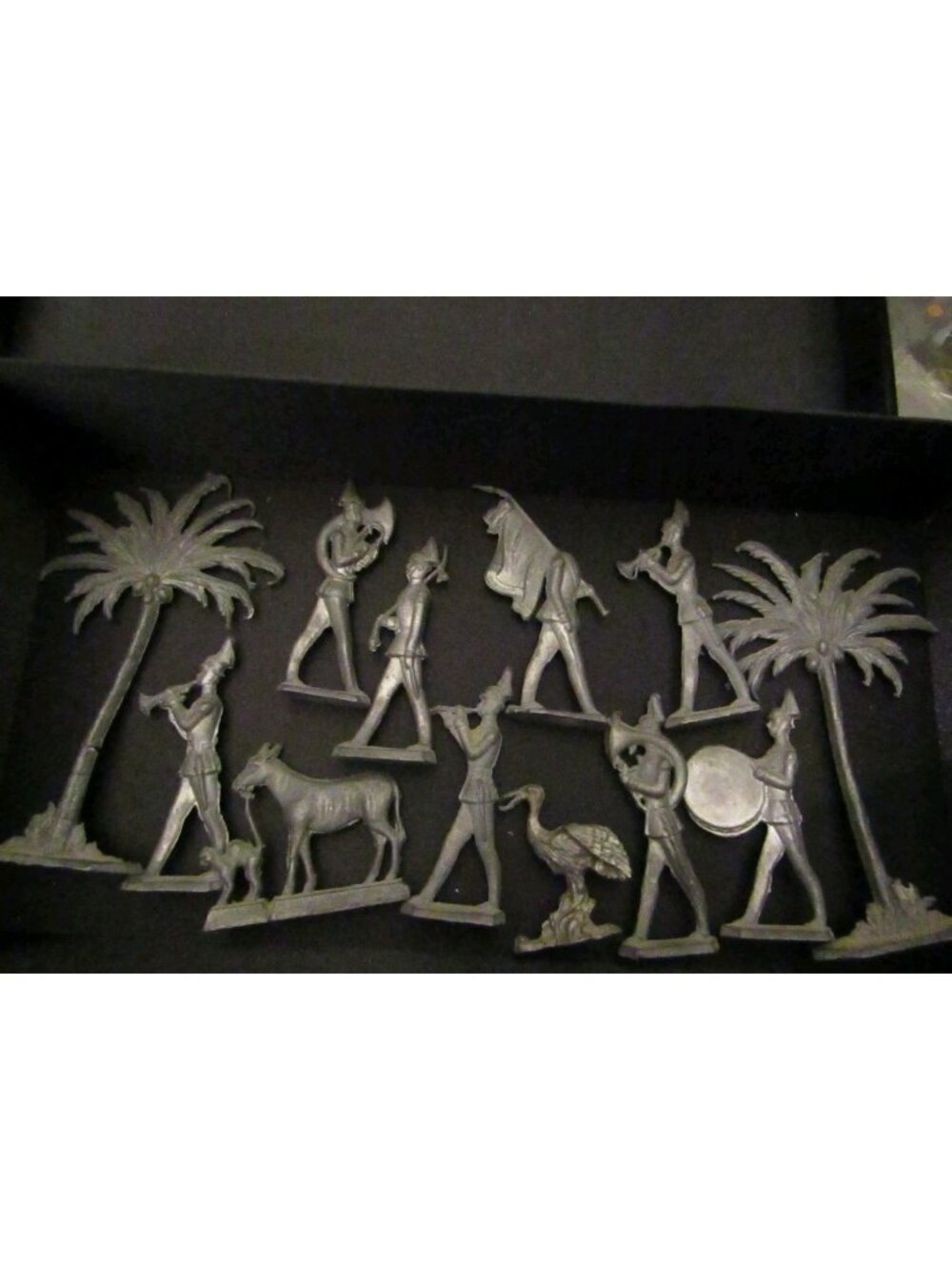 Lot of 12 Antique Semi-Flat German Lead Figurines Band,Palm Trees,animals 3-5"